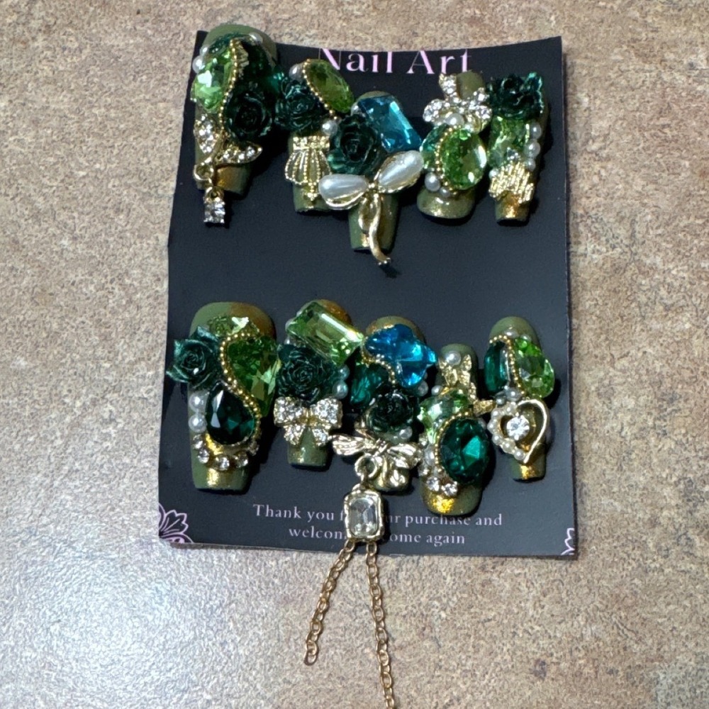 3D Luxury Press On Nails Emerald‎ Green Gold Charms Jewels Chain 10pc Set